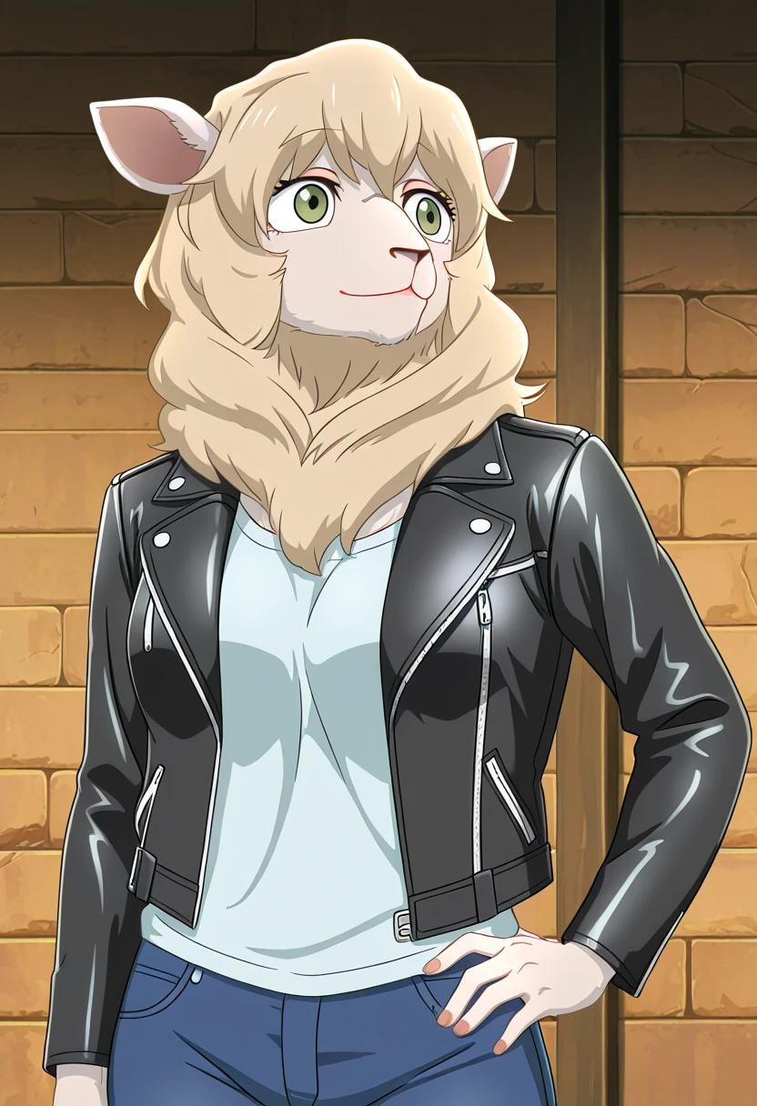 Seven_bs, anthro, solo, furry female, fluffy, white fur, black eyes, sheep's ear, clothed, pants, (open leather jacket), best quality, highly detailed, high resolution, detailed background, detailed clothing, detailed body, masterpiece, good , by el-loko