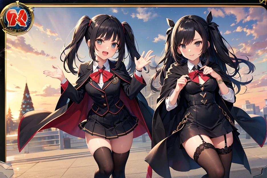 ((2girls)), red eyes, stakes of purgatory, red jacket, cropped jacket, white shirt, undershirt, collared shirt, frilled leotard, showgirl skirt, garter straps, black thighhighs, (umineko no naku koro ni) <lora:stakes of purgatory v2:0.8>