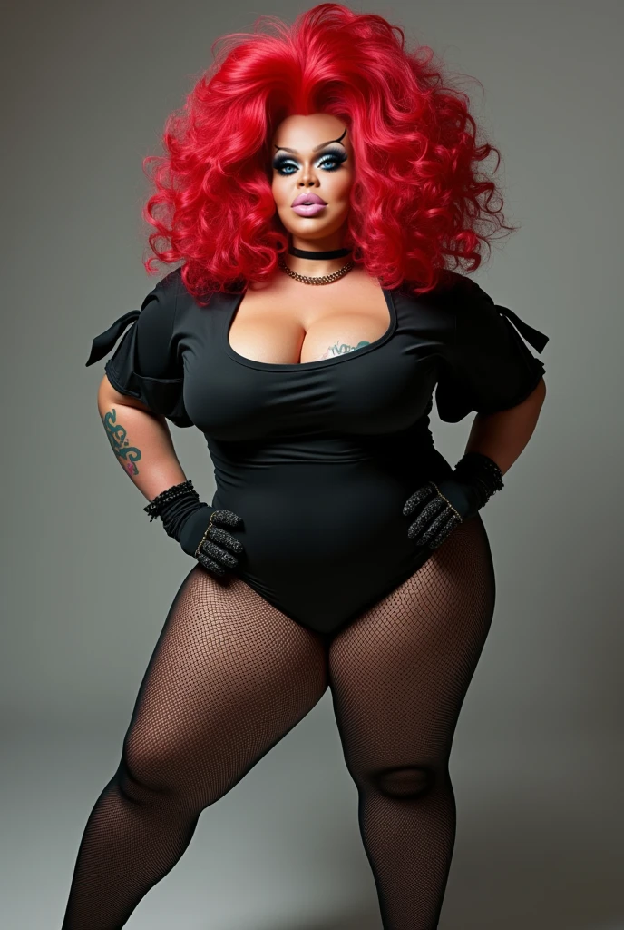 1970s photo of African-American female rapper "Sexyy Red" wearing sexy 1970s corset, she has fire red hair, she has tattoos on her body, she is wearing eyeglasses, she is laying on a bearskin rug, fireplace, from behind, 