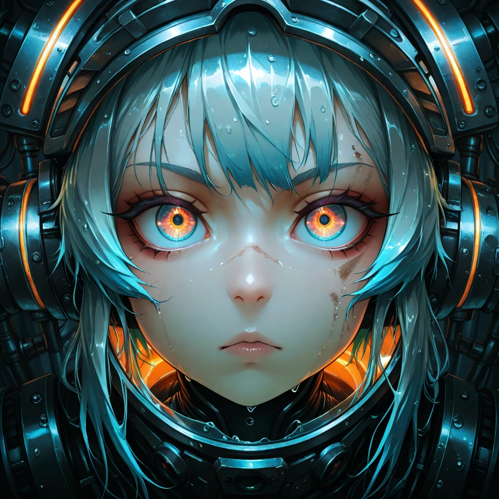 20 year old girl chained up in spaceship, bottomless, topless, skinny, depressed, painful face expression, very detailed, body modifications, robotic arms