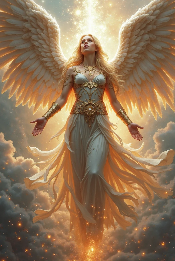 score_9, score_8_up, score_7_up,  woman, intricate, gold trim, fringe, wings, otherworldly, angelic outfit, Crystaline Peaks, angel, vibrant, high contrast, (atmospheric perspective:1.3), blonde hair, radiance, ephemeral, white and gold, solo  <lora:sdxl\vixon_pony_oil:0.7> <lora:sdxl\Anime Summer Days Style SDXL_LoRA_Pony Diffusion V6 XL:0.5>