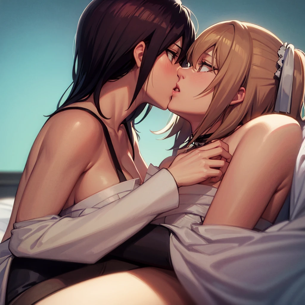 Lesbian (very long white hair loose) big breasts, big thighs,big ass,(with very tight clothes),another lesbian (very long yellow hair loose) big breasts, big thighs,big ass,(with very tight clothes),(they kiss sexually sexy while sweating )