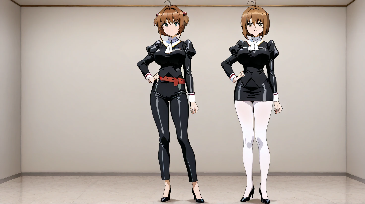 (((black delmo uniform, jacket, tight black miniskirt, white stripes, extremely glossy latex)))