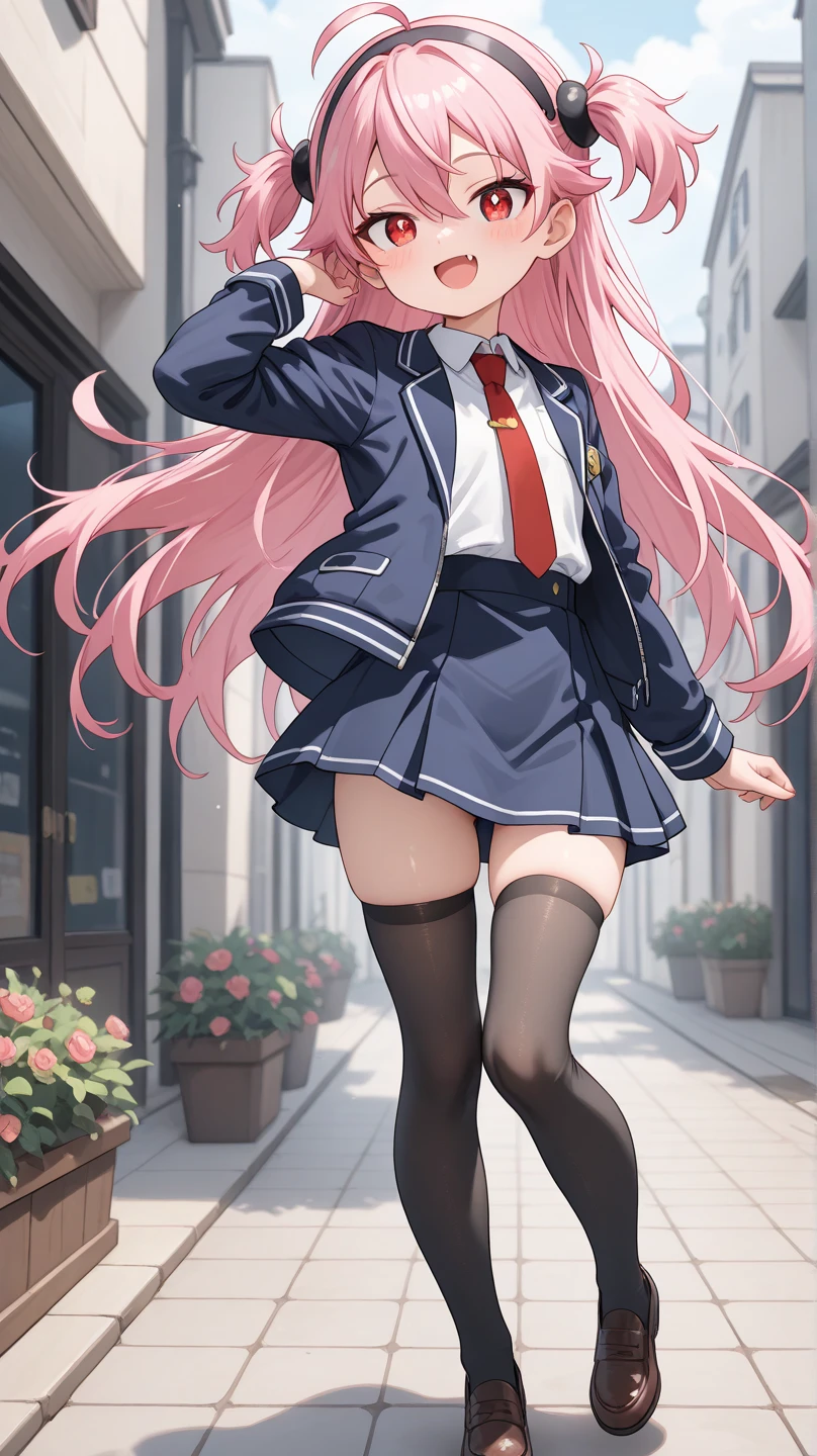 Anime girl standing on a city street with long hair and blue eyes, Trending in ArtStation pixiv, Purple eyes, Blue tie, Beautiful (Detailed eyes, Detailed face,) Ahegao, euladef, Noble temperament, high-heels, no watermark
