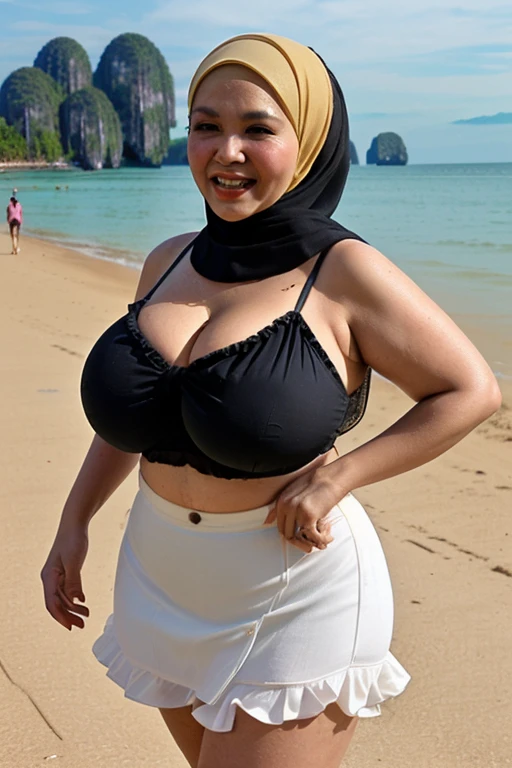 ((38 years Old)), ((Hijab Indonesian MILF)), Oversize Largest Tits : 1.3, ((Beauty Tanlined Skin)), ((White Tanlined Breast)), ((Sexy Thin Bikini)), ((curvy body)), Breast about To burst out from her clothes, at Beach, Soft light, at Noon.
