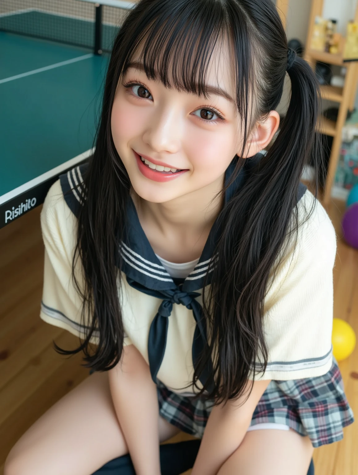 ,Short sleeved white shirt,Grey checked tie,Grey checked mini skirt,Navy blue socks,open mouth,tongue out,cum on tongue,Sitting on a black sofa,looking ahead,from above,flont view,face focus,open mouth,tongue out,(1girl,Beautiful 14 year old girl),((Slender,Small breasts,Small face,)),looking at viewer,Black Hair,bangs,Row Twin Tails,Beautiful and detailed,Mischievous smile,Dimly lit room,Simple Background,Gray background,Low lighting