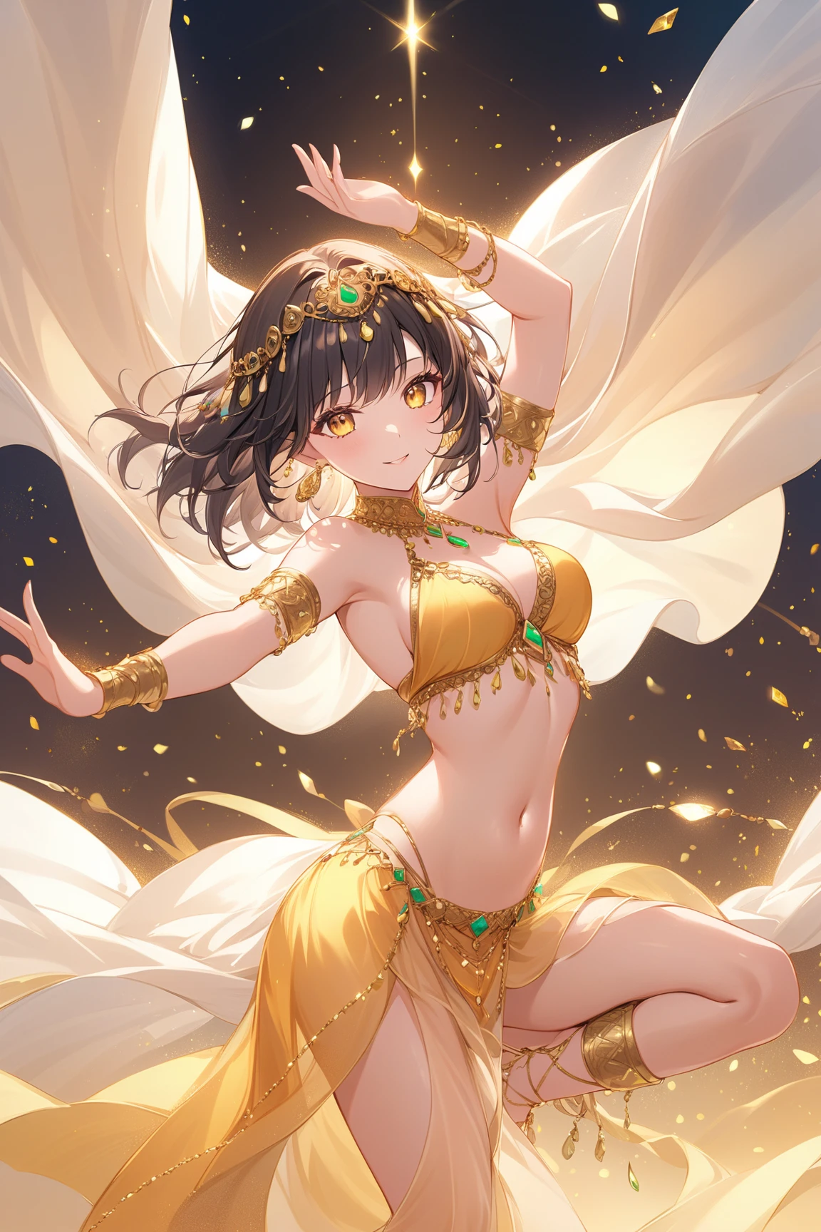 #Basics A girl is posing for a photo, animeのかわいい女の子, (((One Girl, Baby Face, Young girl, 16 years old))),
BREAK
#Clothing Accessories
(A bikini bra with plenty of gold decoration on a black background + Harem pants with plenty of gold decoration on a black background + Black elbow gloves with plenty of gold details + Knee-high stockings with shiny gold trim and edging + Black face veil + Black veil + Black high heels + Gold Tiara), ((Gold Fancy Bracelets, Gold Hoop Earrings, Fancy Gold Necklace)),
BREAK
#Features
((Black Hair:1.4 (Blunt bob cut:1.4)),
(Droopy eyes,blue eyes), (Small breasts),
BREAK
#background environment
((noon, Outdoor stage in sunlight)),
#Facial Expression Pose
((Embarrassing, smile), (She is dancing a dynamic and seductive dance.)),
#composition
((Face the camera, Angle from the front, whole body:1.4)),
BREAK
#Body parts elements
(Detailed hair, Beautiful Hair, Shiny Hair),
(double eyelid, Long eyelashes),
(Expression of fine eyes, Beautiful and delicate eyes, Sparkling eyes, Eye Reflexes, Glitter Eyeliner),
(Human Ear),
(Beautiful Nose, Thin Nose),
(Glossy lips, Beautiful Lips, Thick lips, Glossy Lips, Natural Cheeks),
(Detailed face, Symmetrical facial features),
(Detailed skin, Textured skin, Beautiful Skin, Shiny skin),
BREAK
#Quality
(((Highest quality)), ((masterpiece)), ((Very detailed))), ((High resolution), (16K,1080P)),
(Realistic), (Anatomically correct),
((comics, anime)), (3DCG), CG illustration,