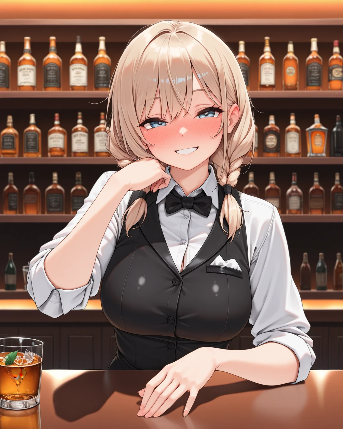 (((masterpiece,ultra detailed,absolutely resolution))),1girl,(bartender),(Hold the 1shaker with both hands, shake),with Blouse shirt,layer of clothes,waistcoat,dress pants,cleavage cutout