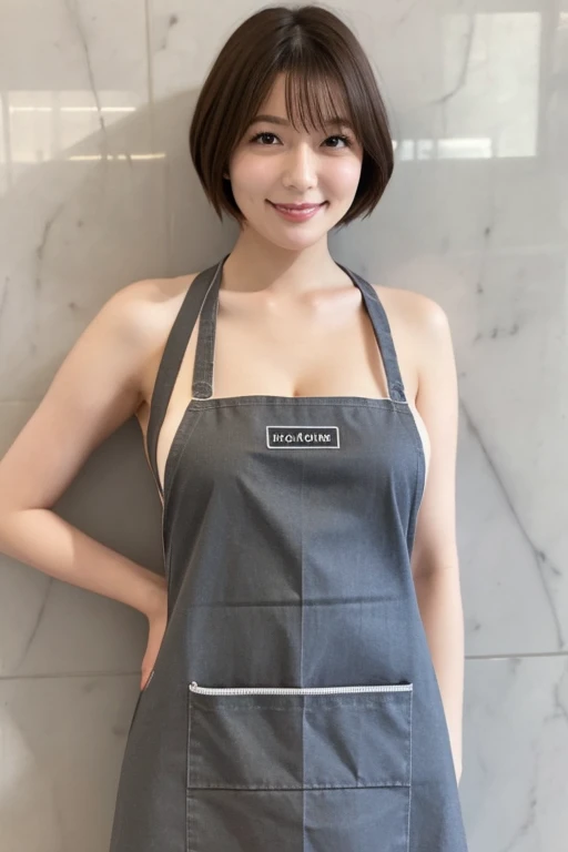 ((top-quality、8K、masterpiece:1.3))、15yo girl、1 Beautiful Japan Girls、Beautiful woman with slender abs:1.3、Very short hair、(Black naked apron:1.3)、hyperdetailed face、A detailed eye、二重まぶた、Cafe Background、Slouched、Slouching posture、Chilarism、Forward leaning position、Female Panther Pose