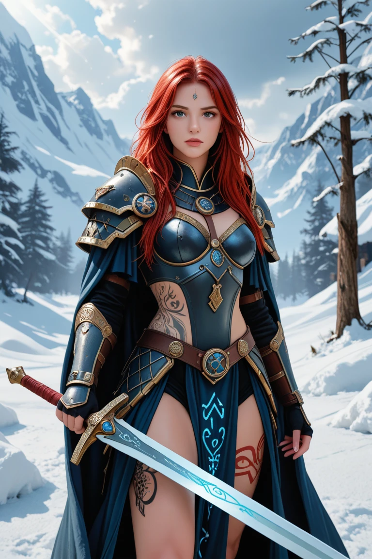 Ultra-detailed and realistic image of a delicate Viking lady around the age of 20, with heavily tattooed skin, red hair with braids, vibrant blue eyes, in a mountainous and cloudy setting full of mystery and grandeur