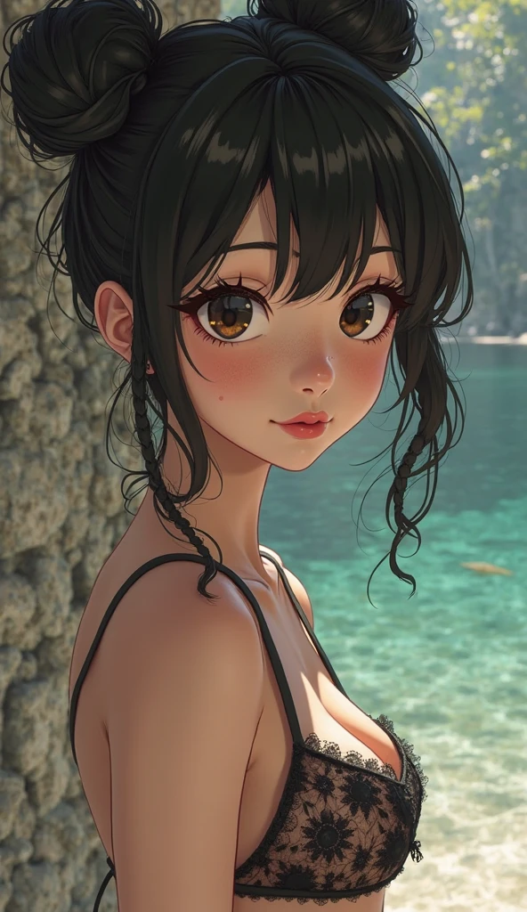 ((masterpiece)), ((best quality)), (detailed), (girl), wavy hair, light black hair, large breasts, photograph, beautiful detailed face, detailed eyes, (embarrassed,blush:1.2), (Swimwear), light smile, upper body