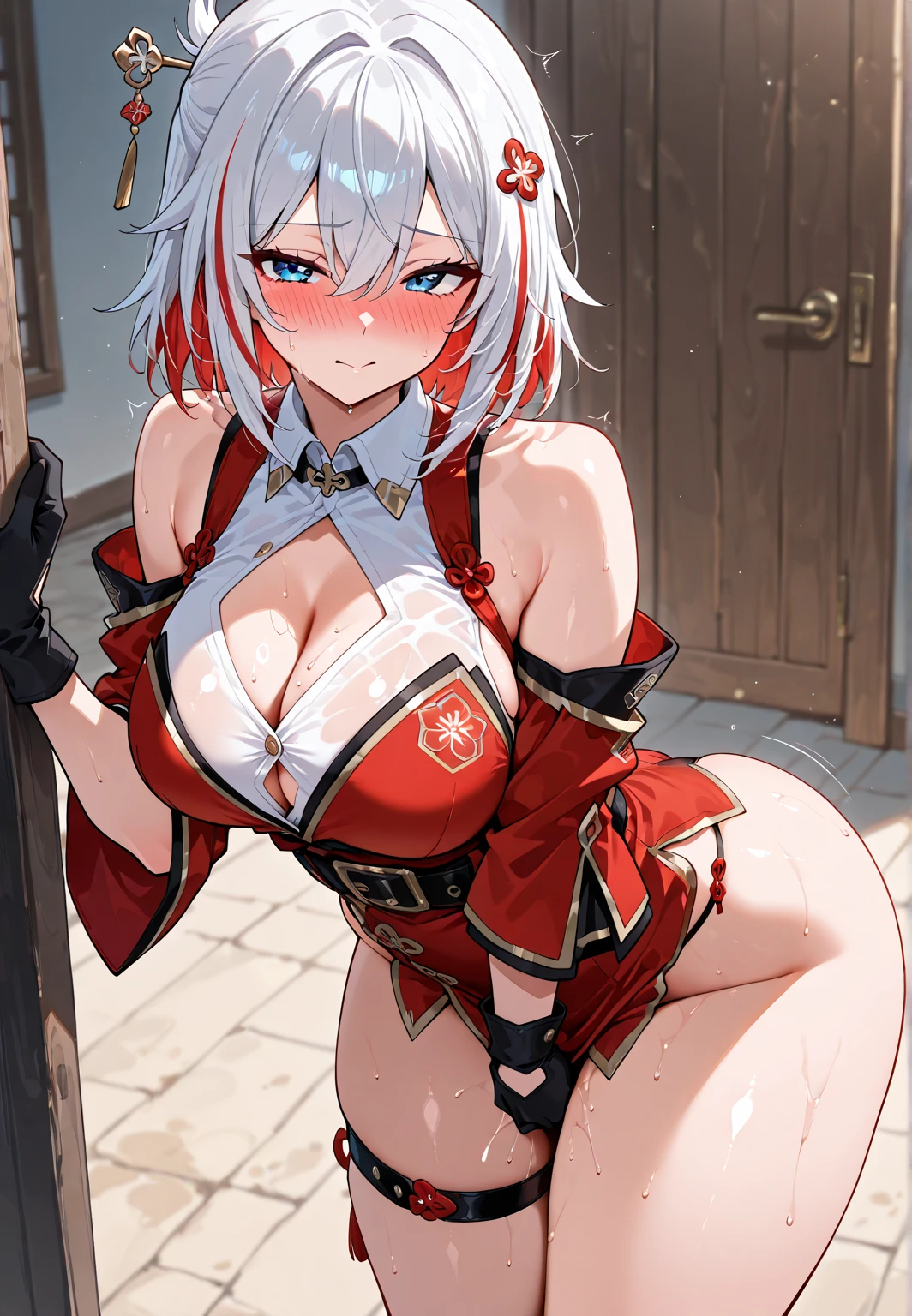 NSFW,A sexy、 Short hair Beastman goat satyr White hair Brown skin Black skin barechested Colossal tits femele Leather suit Baphomet Underhair Armpit hairy swim wears cute little Red tie around sweaty around neck Wet Rejoicing face,((white pubic hair))、steam、masutepiece、、top-quality、droolng、puddles,((Yellow eyes))
