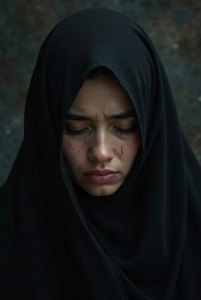 image of a woman wearing a hijab crying sadly with thick lips with a Mecca background -- ar 16:9