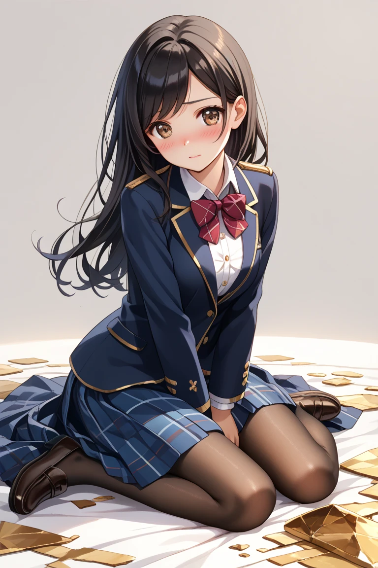 top-quality、Exquisite、High school girl in uniform sitting on the ground with her knees upright、Blushing and staring at me、