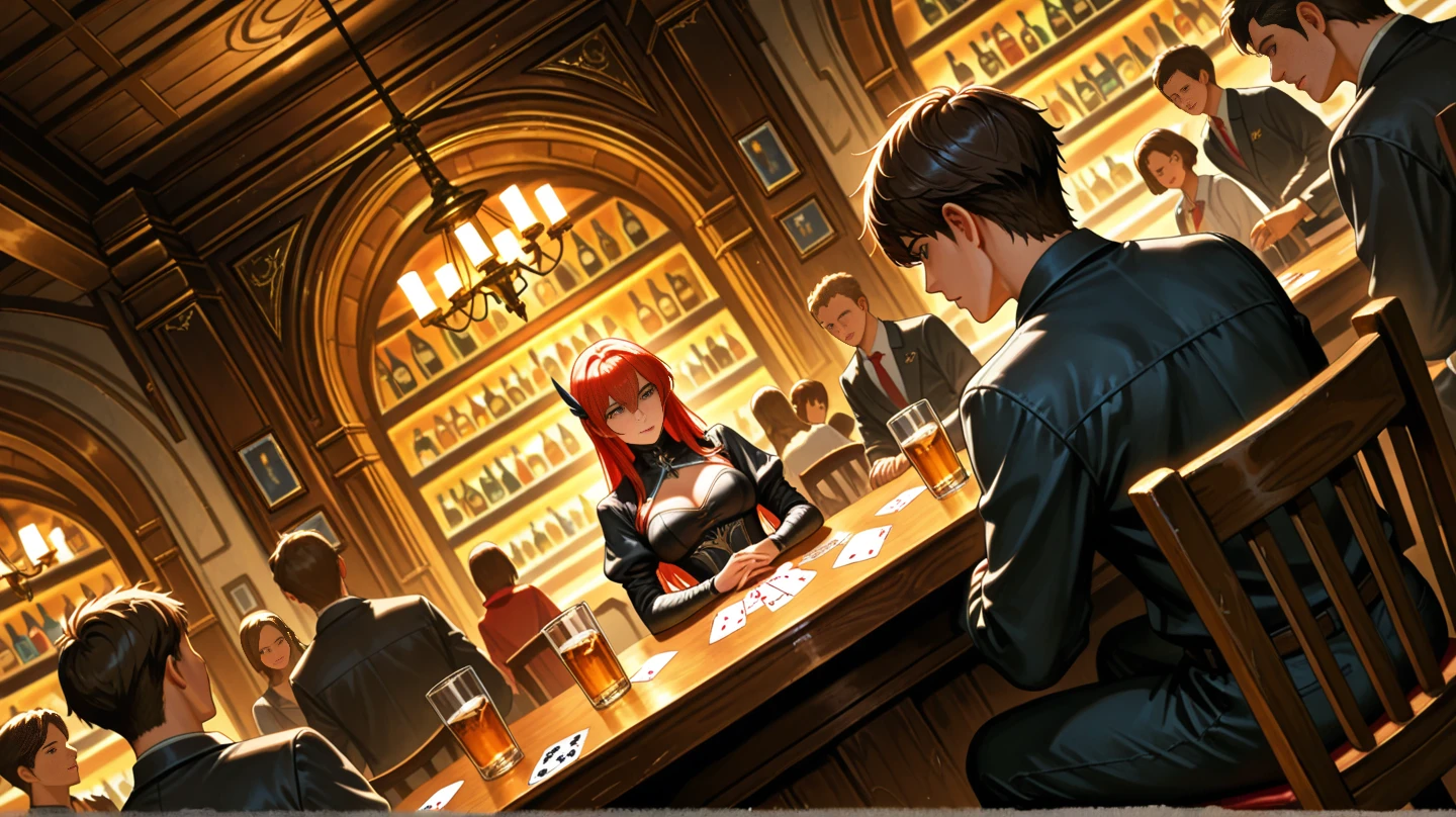 A party of beautiful women and men on a journey, fully equipped with armor, sitting and enjoying themselves, a tavern where everyone is having fun, anime, heartwarming, medieval, bard, epic,