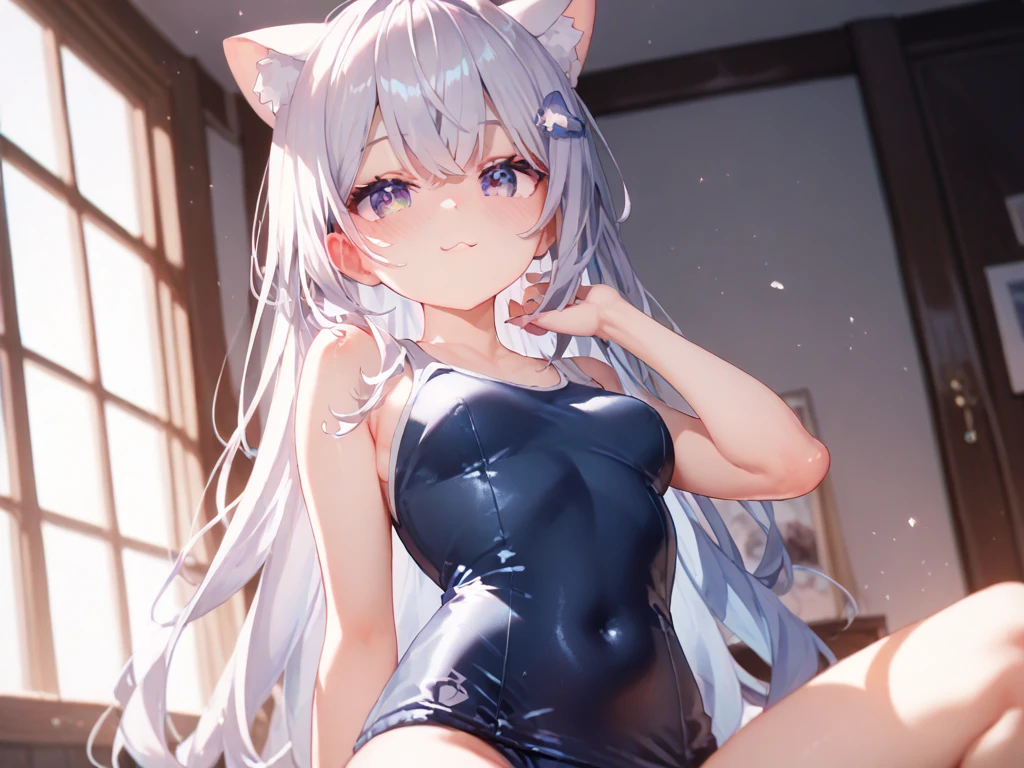 (Highest quality), (High resolution), (masterpiece), (Very detailed), Wolf Ear, Silver Hair, Long Hair, Bright Blue Eyes, One Girl, Silky skin, Shiny skin, Athletic build, blush, Heavy breathing, chest, Fully dressed in school swimsuit, Front view, Perfect composition, (Bright saturation), Rubbing your crotch against the corner of a desk, Are standing, Dripping love juice, Heart Pupil, Expression of pleasure, Trembling with sexual climax, Heavy breathing