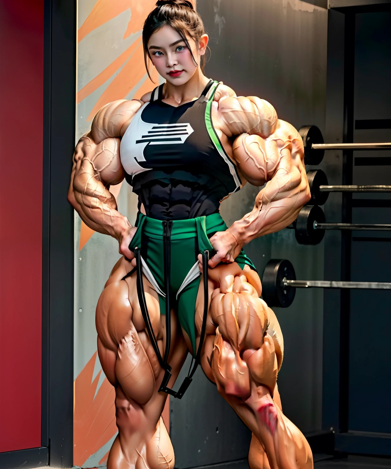 (muscular:2.5), (thick thighs:2.3),
(asian female), (big smile:1.5), (blunt bangs:1.2), (long hair), (adult),
lipstick, eyeshadow,
(hard nipples), (small breasts:1.5),
(gym attire, cleavage, choker:1.6), (tight workout shorts:1.6),
looking at viewer, (three quarter view:1.5), upper body view, (front view:1.3),
(fancy gym), rim lighting, two tone lighting, dim lighting, bokeh, detailed skin, detailed eyes
