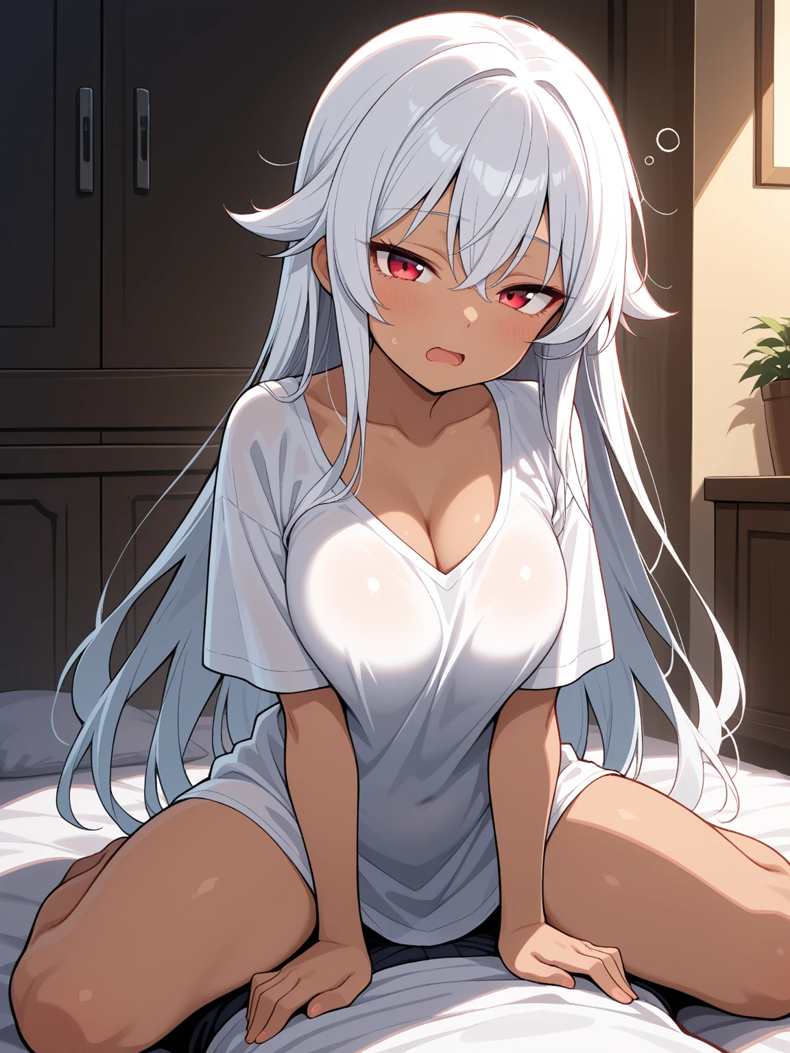 Anime background art, bottom of room, one bed, lying on a bed, beautiful anime scenes, 4K anime art wallpaper, 4k anime art wallpaper, Rosla global illumination, anime girl, 1 girl, LORA similar, best quality, detailed, alone, looking at the viewer, mouth closed, smile, hairstyle with two pigtails, hair accessory, definition in the eye, perfect face, lying on a bed, perfect face, perfect hair, white hair, red eyes, naked, completely naked, showing her vagina, perfect vagina, open legs, open vagina, perfect anus, perfect red eyes, see vagina, naked vagina, naked vagina, penis, penis inside vagina, penis in vagina, being penetrated, scene sex, she from the front, missionary pose.
