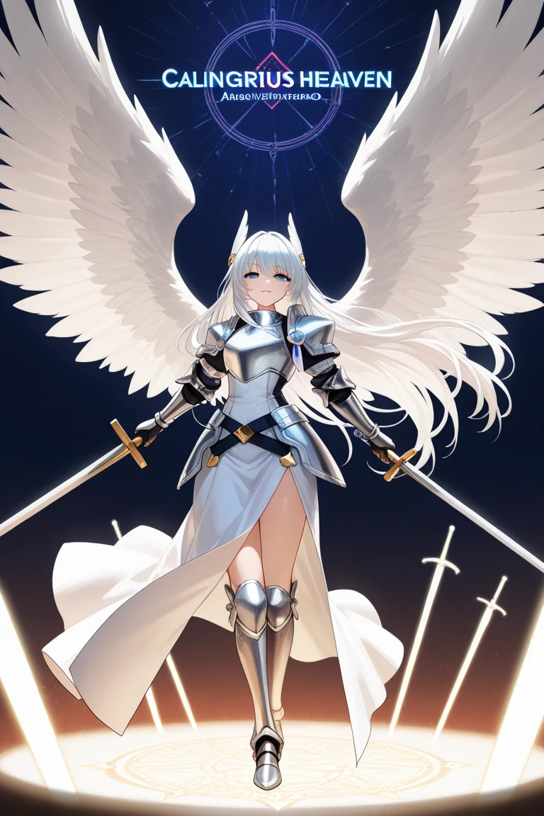 fantasy, 1angel_girl, low_teen, silver_medium_hair,long_bangs, (dark_skin)+, bare_shoulder, navel out, thighhighs,silver_shiny_armor, white_clothes,waist_armor, Glebe, hold_shiny_swords, medium_breasts, dynamic_pose_fighting,Floating, (1pair_white_wings,pelvic_curtain)++, Headgear ,city_sky_background,,slightly_spread_legs, multiple_shiny_swords_floating_around_the_girl
