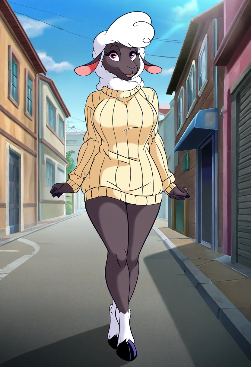 female, solo, (full body), furry, sheep, (sweater), smiling, beautiful, highly detailed, high resolution, good , detailed background, street background, detailed fur, masterpiece, by el-loko