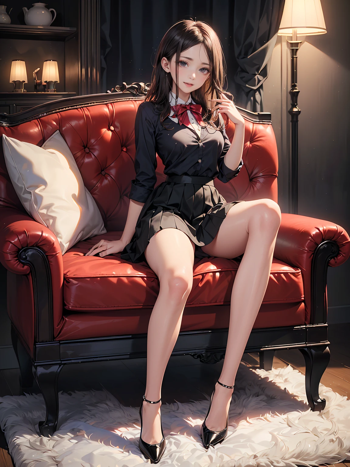 2 beauties,camelliamix, florals, red_flower, red_rose, rosette, katana swords, 1girll, pink_rose, pink_flower, spider_lily, footwear, long_hair, school_uniform, Sydney Fu, scabbard, a skirt, 独奏, jacket, vases, looking_at_viewer, Sat down, orange_flower, pleated_skirt, rose_petals, black_shirt, black_legwear, black_skirt, hibisco, very_long_hair, parted_lips, Loafer shoes, sailor_collar, black_hair, Neck robe