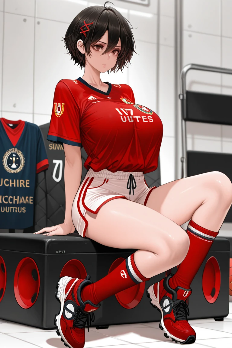 ((masterpiece)), (Highest quality),subaru_Sports, Striped shirt, White shorts, Baseball cap, whistle, Red legwear, White legwear, Mismatched legwear,whole body, alone、fullbody image、high-heels, Purple Lipstick、saliva, Micro Mini Skirt、(half:1.3),, (shaving、1 Girl, whole body,