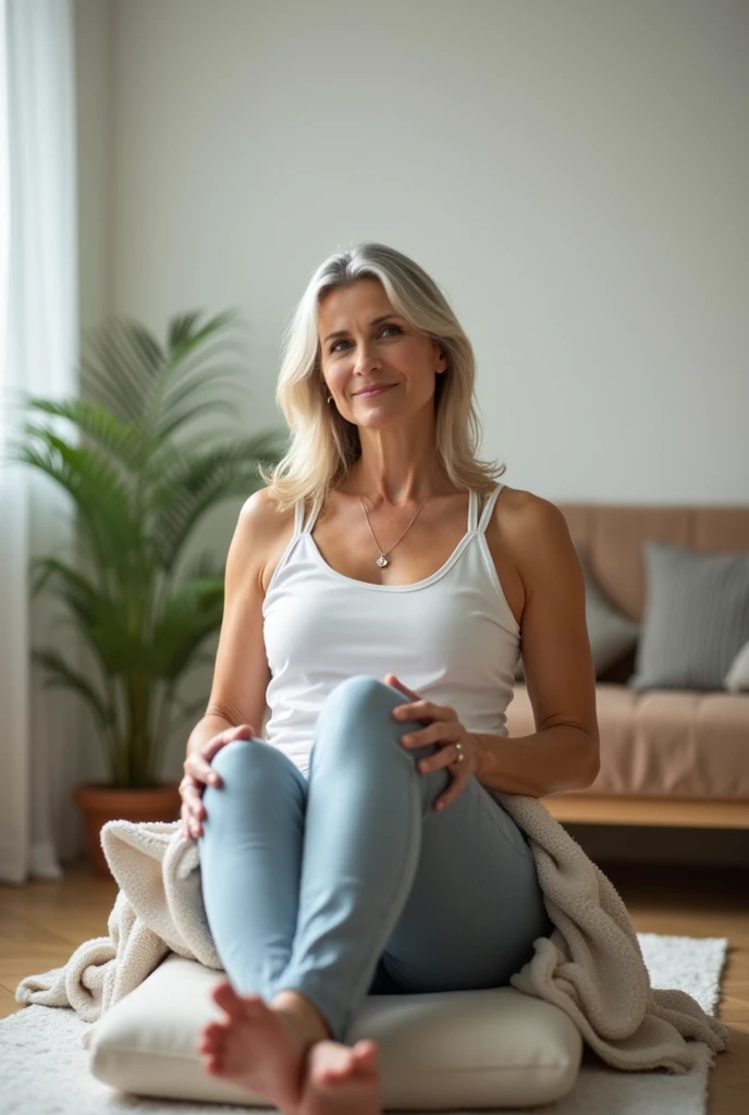 RAW photo, full body, 55-year-old woman, wrinkles, casual t-shirt, sitting on the guest sofa, looking at the viewer, wearing cream shoes, straight forward position, in front of the viewpoint,