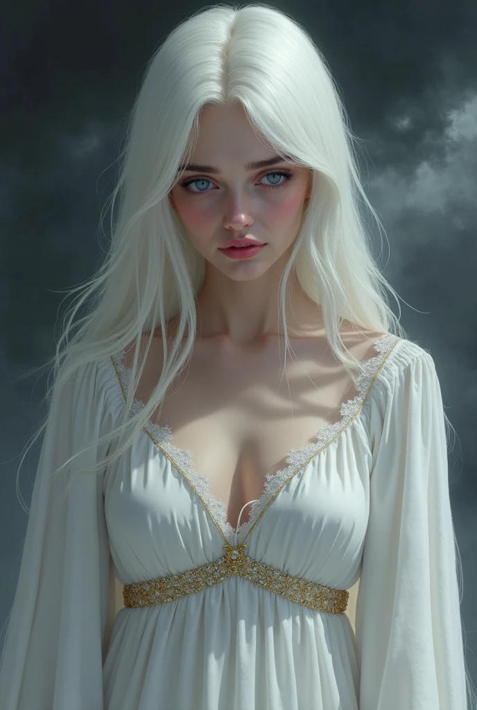masterpiece, Highest quality, (alone focus), (Perfect Face:1.1), (Attention to detail:1.1),dramatic, Close-up of face,1 person, (Pale skin), Long white hair, White eyes, alone, Long Hair, moon, night, White luxury suit, vampire, Covered navel, Pouting, Covered, Victorian cities, Detailed Background, Gothic Renaissance, Cinema Lighting,Close-up,