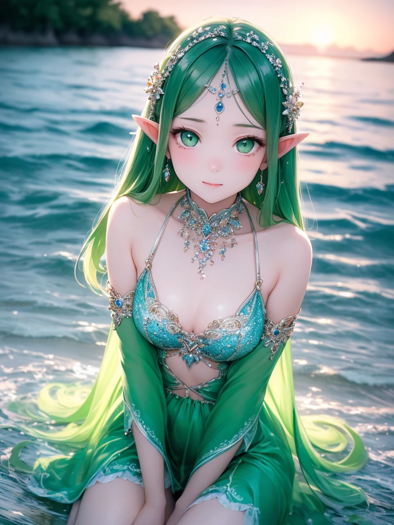 (masutepiece, Best Quality), Intricate details, Thin, ((slim)), Beautiful Girl, Emerald green color hair, White skin, sky-blue eyes, Sharp jawline, The bikini, elf-ears,hair messy, Plump lips, Upper body, close up, Smirk