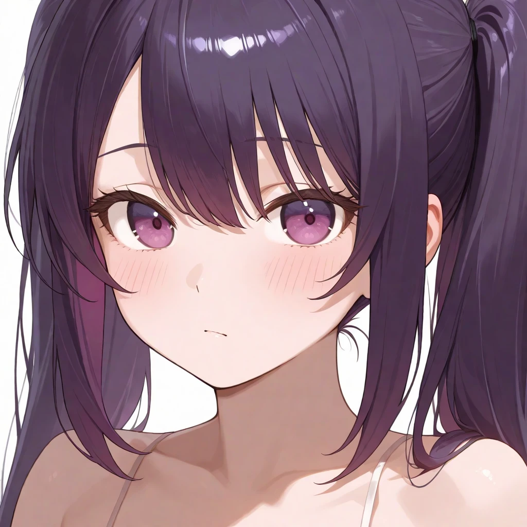 kelolinde,1girl,jewelry,breasts,skirt,solo,shirt,Girl, purple hair, ponytail long hair, purple eyes, cute girl, white background, black bra, big breast, detail face, detail hair