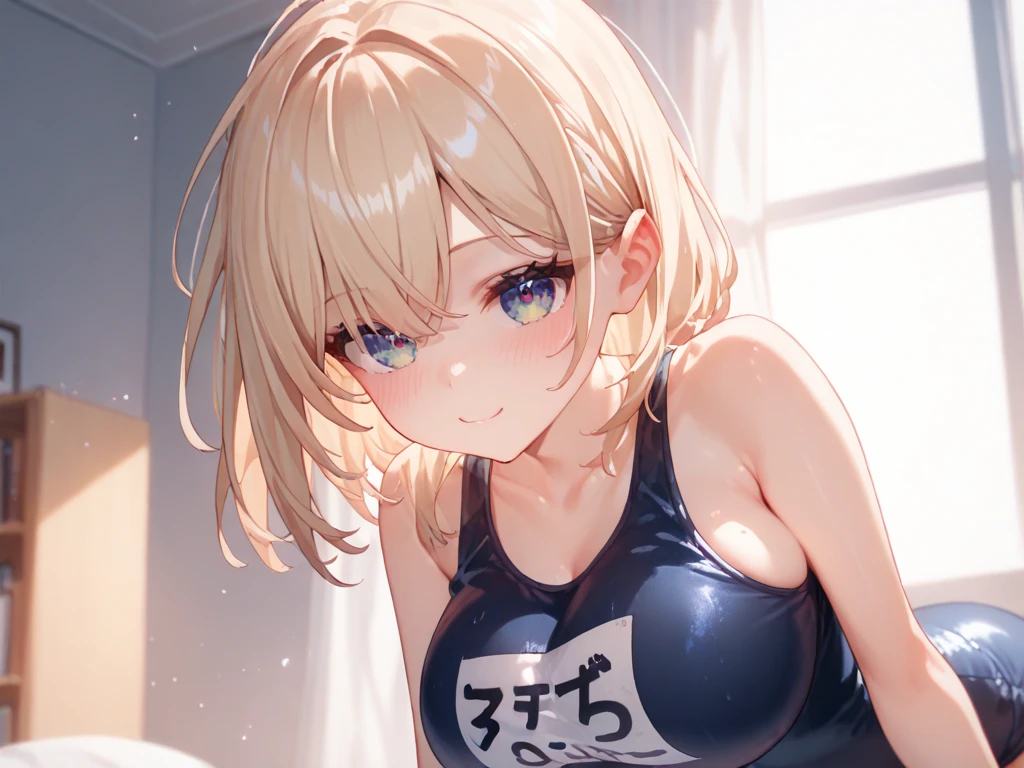 1girl,Thighs,pov,face,Open mouth,Tongue out,light hair,light eyes,(competition_school_swimsuit:1.5),medium breasts,Impossible,tight skin,shiny skin,masterpiece, best quality, very aesthetic, absurdres,front view,looking at viewer,oral,