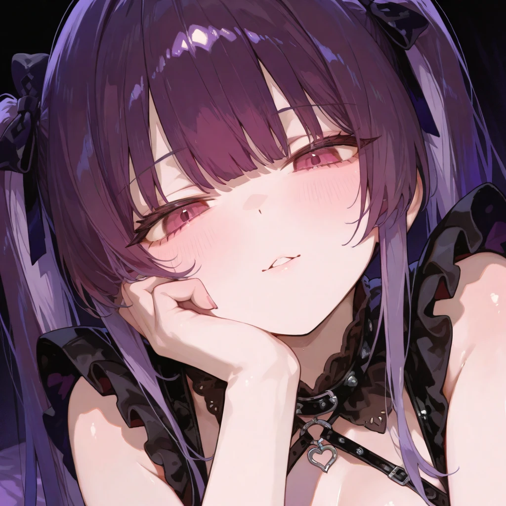 1girl, short purple hair, purple eyes, wearing maid costume, close portrait, sitting in bed, close, high res, ultrasharp, 8K, masterpiece, looking at viewer