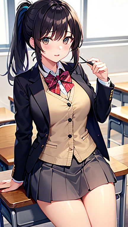 One Girl, Five Fingers, mini skirt, Looking down at the viewer, Twin tails, highest quality, Focus on the thighs, Dynamic pose, smile, blazer, blouse, Black Pantyhose, panties under pantyhose, Standing Split, classroom, Black Hair, Stylish pose,Thick thighs、My crotch is steaming 、leg spread