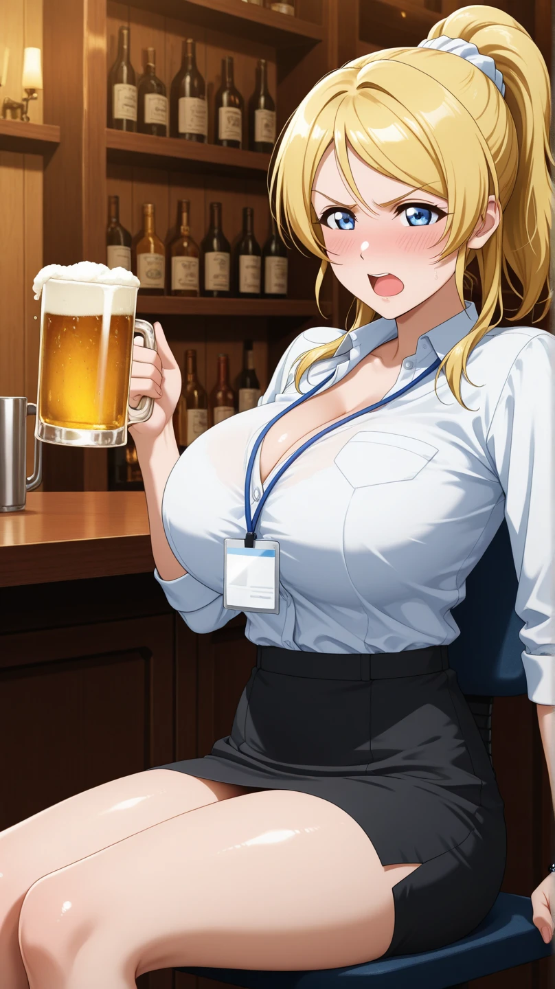 looking at viewer,ass pov,Rangiku Matsumoto(((Drunk))),(((woman1 person))),((((A woman)))),(((Right hand on chest:1.2))),(High resolution, clearly_image) highest quality, woman, masterpiece, Very detailed, Semi-realistic, 23 years old, fair, young, ,(((Bar counter at night))),(((Drinking wine))),Sitting in a chair, (blush:1.5),(Being drunk:1.9),((Exposing thighs)),,,.extreme close-up shot,seductive smile,evil grin,speaking,Mouth open,Anime-style image of a woman holding a beer glass, with a drink, , At the bar, Enchanting anime girl, Big Breasts!, Big Breasts!!, Holding a drink, At the bar, sfw Big Breasts, beer in hand!!, 彼女はtits, shikamimi, At the pub, tits, At the bar飲む, Cleavage