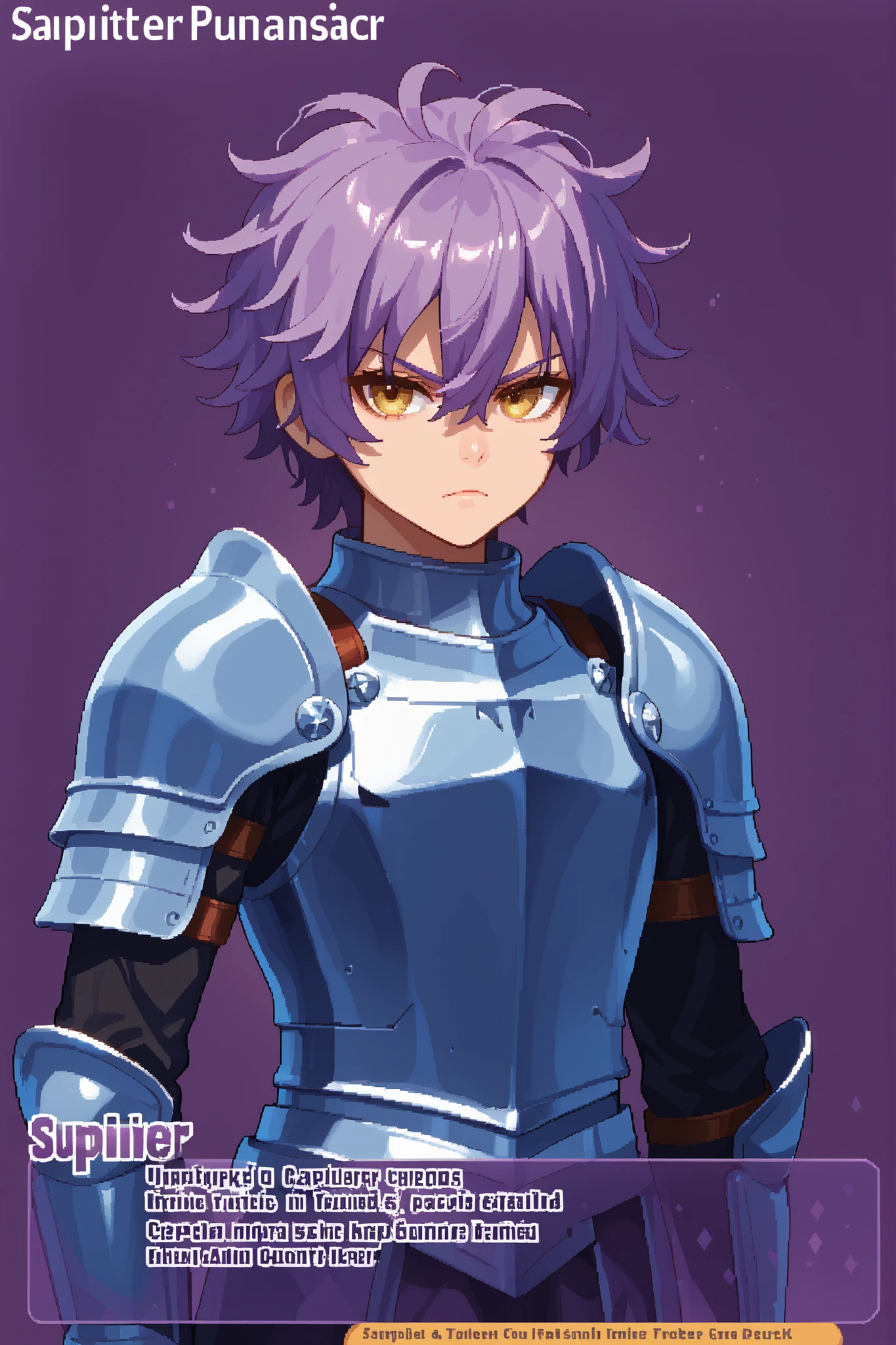 score_9, score_8_up, score_7_up, source_anime, solo, pixel art, tr4dingcard, card (medium), english_text, N, trading_card, white_trade_card_frames, , 1boy, solo BREAK 

Purple hair BREAK short hair, messy hair, wolf cut, hair between eyes, yellow eyes BREAK 

Blue armor, knight armor, sapphire armor, black pants BREAK 

Standing, looking at viewer, serious, closed mouth, (upper body), portrait, purple background, simple background 