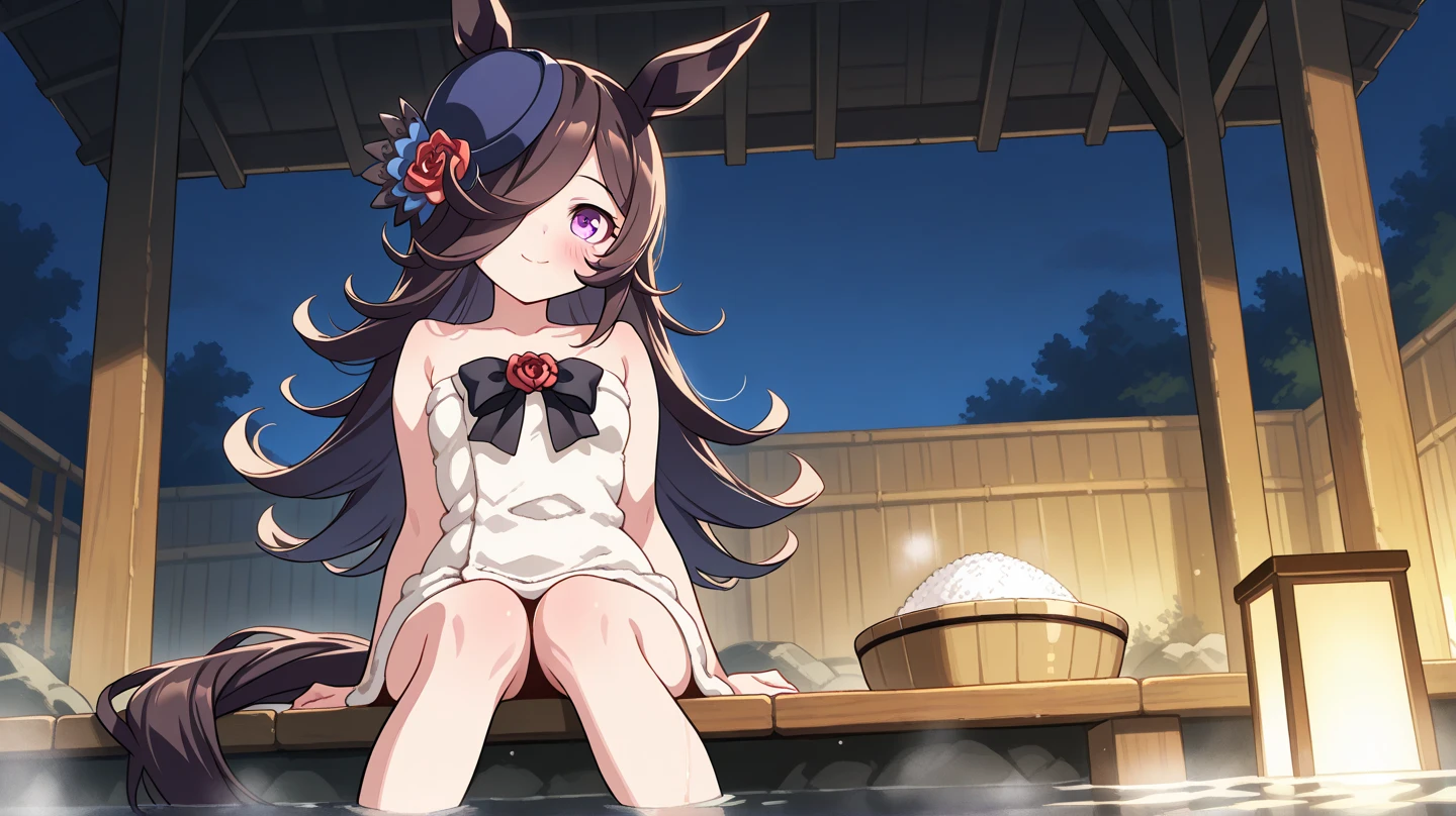 anime artwork, score_9, score_8_up, score_7_up, score_6_up, score_5_up, score_4_up,sparkle \(honkai: star rail\),1girl, twintails, black hair, medium breasts, red eyes, red eyeshadow, fox mask , , , , , she is 24 years old, , ,horny, style_3, floox style, . She has fluorescent pink eyes with tiny black dots under each of her eyes. Additionally, a white-and-red Kitsune mask is at an angle on the top of her head. wearing towel, after shower, naked, towel wrapped around body, onsen, naughty smile, in water, standing, leaning forward