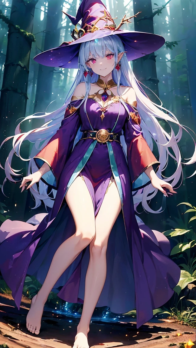 Full-body, 18-year-old sorceress, silver wavy hair, bright blue eyes, slender build, purple and white robe, silver embroidery, magical tools belt, elegant boots, mystical forest background, glowing magical aura, anime, detailed face.