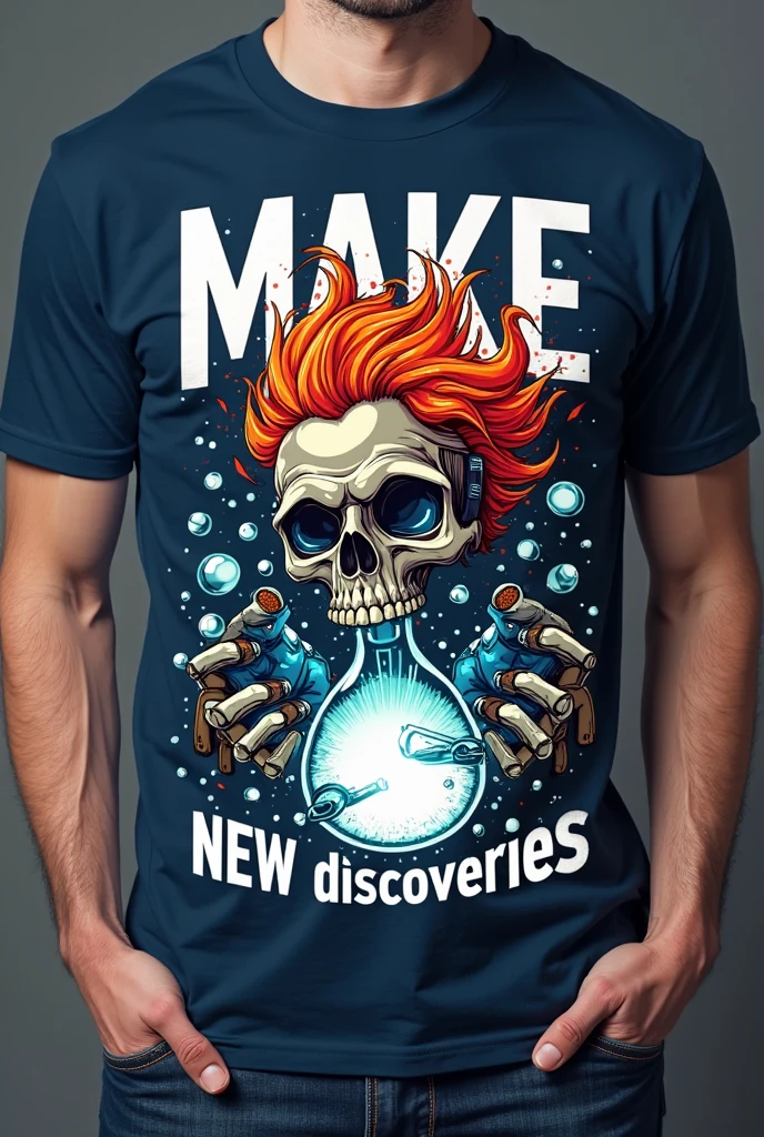 Design a t-shirt featuring a fantasy skullart illustration of a scientist scary skull with curley hair, sunglasses, colorful glowing chemical laboratory glassware, Combine a detailed black and white drawing with vibrant, colorful digital fantasy style chemical elements. Draw inspiration from the intricate and dynamic styles of Dan Mumford, junko mizuno, and Frank Frazetta.negative space
