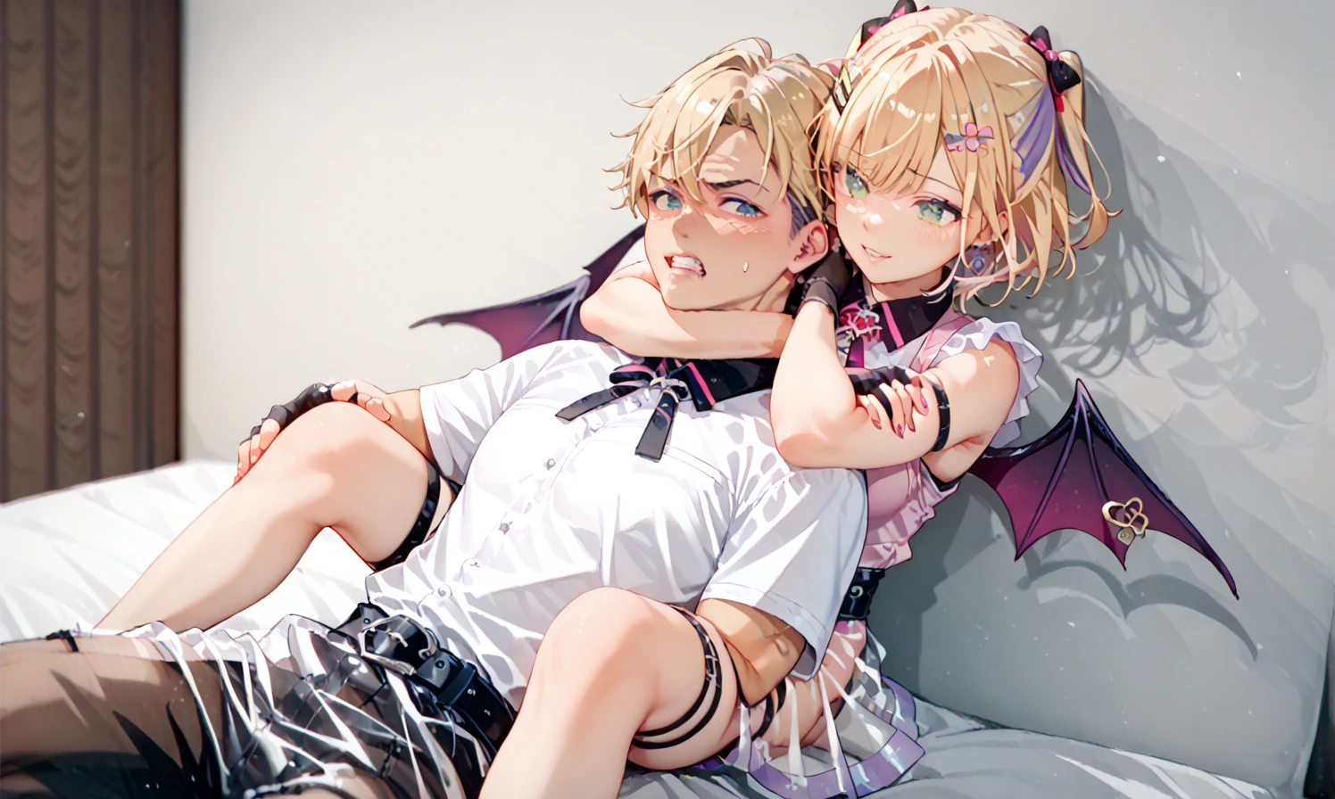 super fine illustrations,Animate,1 boy,Lewd expression,Sexy,Gay,pleasant sensation,vehement,perspired,Shirtless,Heart to eye,Ponytail hairstyle,Parted bangs,A pink-haired,Green eyes,White skin,Full body like,Femininity,Wear only briefs,There is a lot of milky white liquid on the body,There are pronounced male genitalia,One man only,drools,drenched all over the body,Precise legs,Dynamic