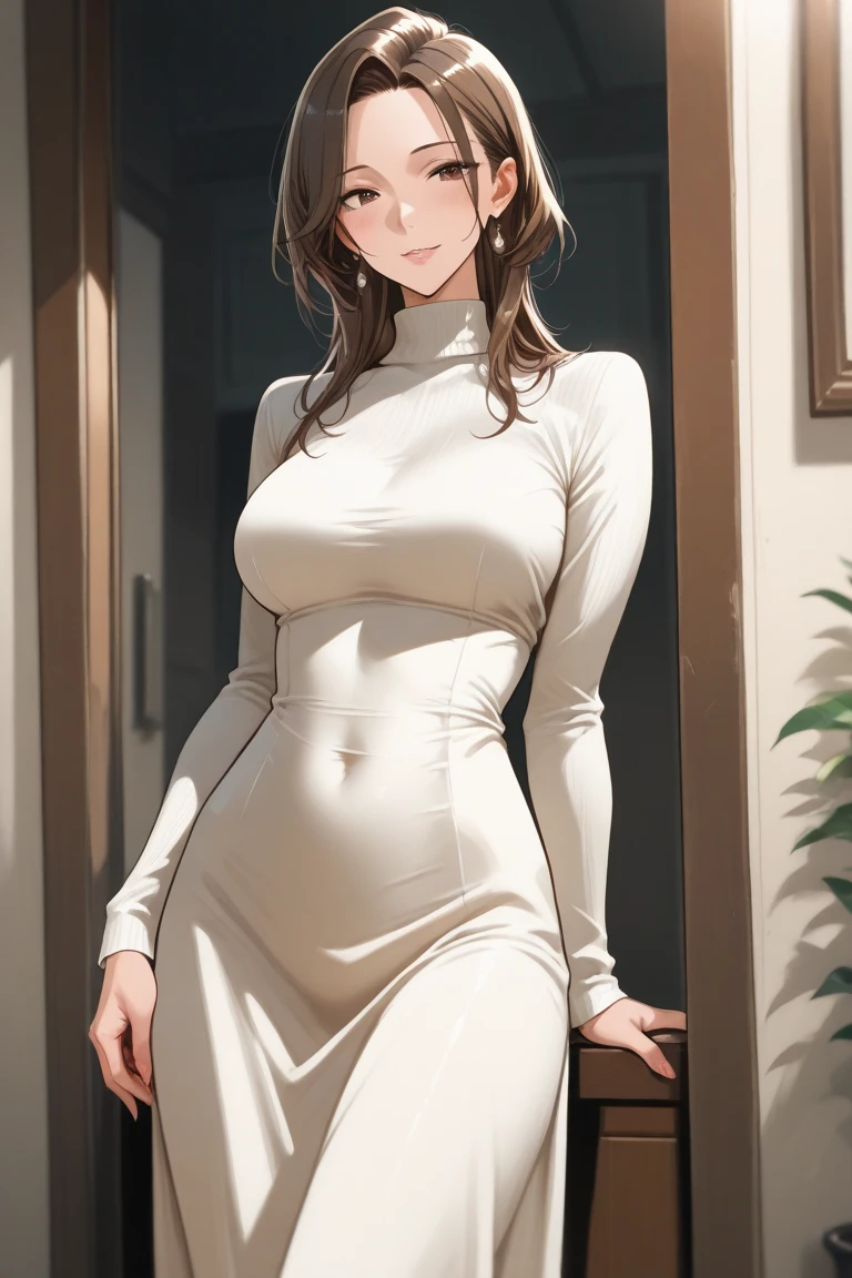 (table top, highest quality, High resolution, , perfect pixel, 4k,), 1 girl, single, alone, Beautiful woman、I could see the whole body、 ((wavy middle hair, bangs, brown hair)), ((brown eyes, beautiful eyelashes, realistic eyes)), ((detailed face, blush:1.2)), ((smooth texture:0.75, realistic texture:0.65, realistic:1.1, Anime CG style)), medium breasts, dynamic angle, perfect body, ((, female teacher, , earrings、necklace、white turtleneck sweater、Tight Skirt、black knee high stockings、open both legs wide、胸の谷間にnecklaceを挟む、shy smile)), upper grade、、、evening、stand on the podium、stick out your butt、、Close your chest with both arms、、show me your pink lace panties、、