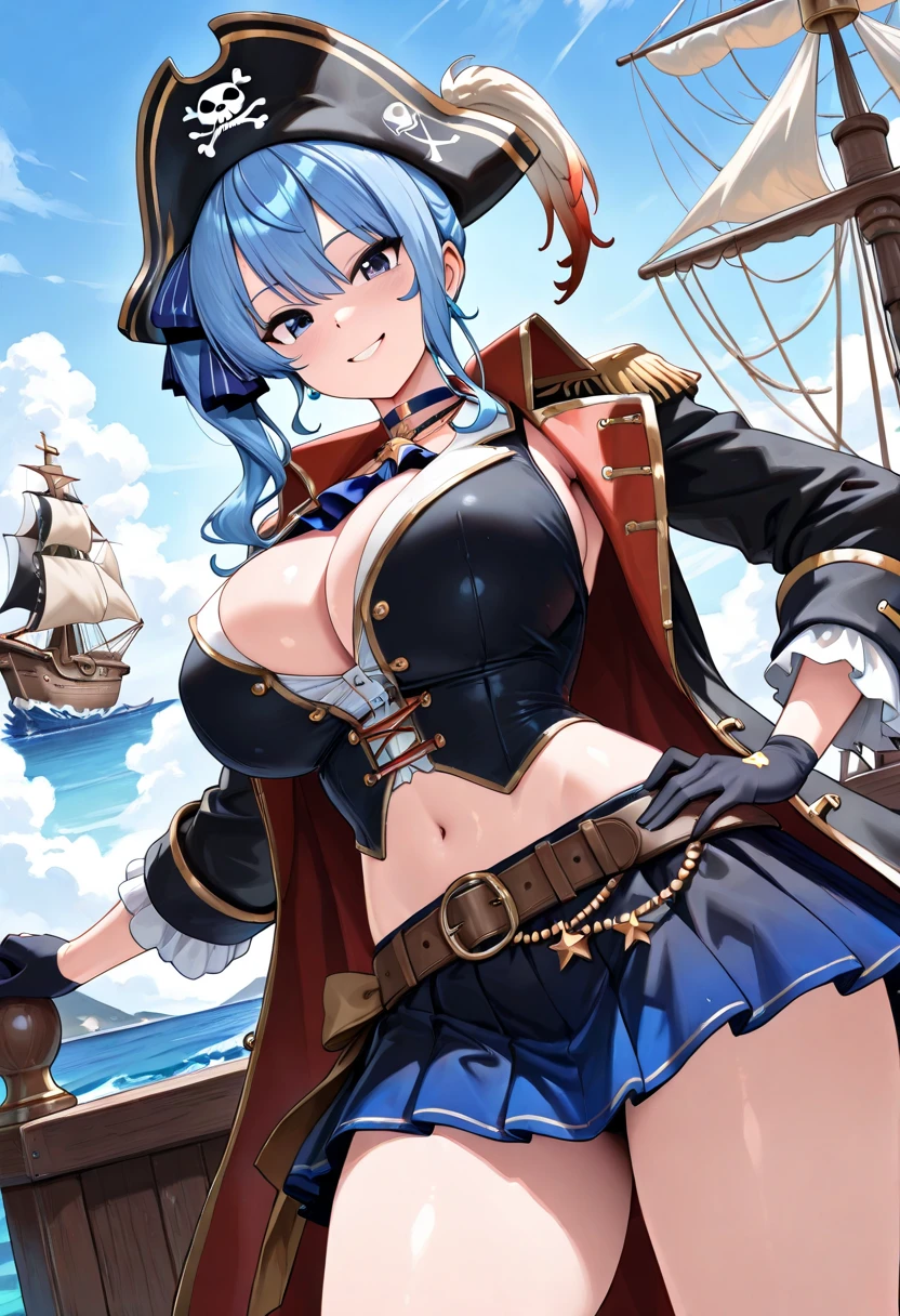 (((masterpiece、Highest image quality、highest quality、highly detailed unity 8kwallpaper)))、((Illustration of one girl、upper body))、(((beautiful girl)))、(female pirate)、(Light light blue hair、short ponytail:1.2、yellow eyes)、((tall))、(((muscle girl, muscle, bulky figure, massive frame, thick neck, sturdy arms, powerful legs)))、(captain's suit、Pirate hat、Blue coat)、Pirate ship deck