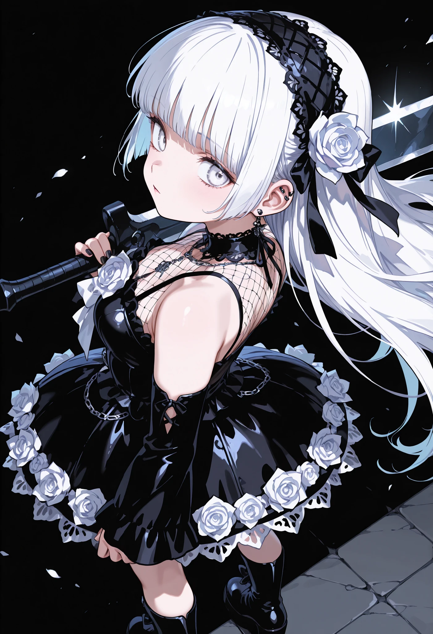  1 girl, , standing, segmented blade, Fair skin, Cropped White Lace Gothic Top,  piercing, Beautifully Detailed White Eyes, Long Thick White Hair, princess cut,Looking back at the viewer, Thighs, Leather Mesh Gothic White Rose Print Skirt, Long Glamorous Boots, in their 40s (Absard Dress, detailed, Highest Quality, masterpiece, very aesthetic,:0.3) perspective, (from front:1.4), from above, black background