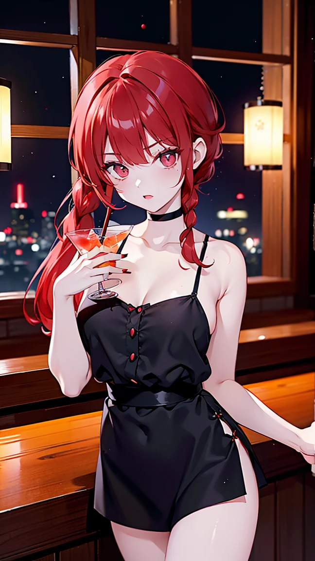 1girl,solo,cute,big breast,cleavage,red long hair,red eyes,drink a cocktail,hold a glass,sashimi on the table,in bub,at night