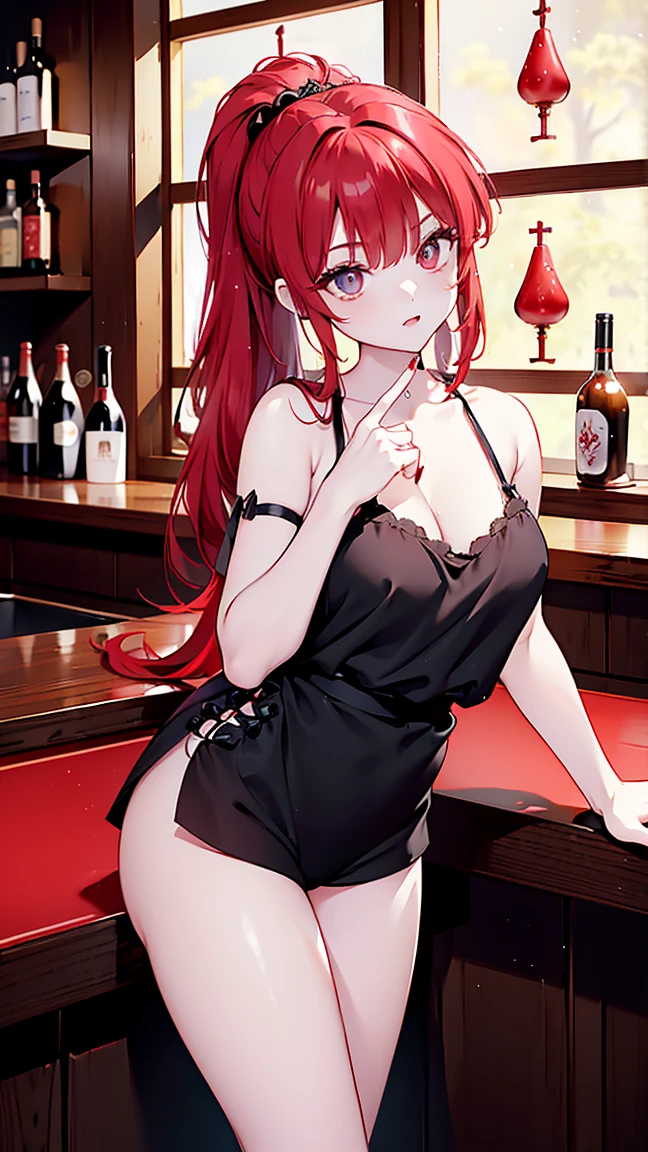(((Solo))) Girl with long red hair, ((piercings)), (tattoos), (black eyes), ((wearing a black tank top)), (wearing shorts), ((D cups)), (((curvy hips))), detailed eyes, (at a bar), (holding a tray of drinks)), ((((full lips))), sparkling eyes, seductive pose, (beautiful lighting), (black stockings), bored, pouting, perfect hands, facing camera, (various sexy poses), ((drinks behind her))