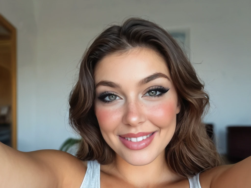 8k photorealistic intricate ((closeup)) frontal portrait photo of beautiful girl wearing detailed intricate (t-shirt), smile512, intricate eyes, intricate hair, (2000ccplus:0.75), detailed big round breasts, (BigFakeTits:1.1), girl's room background 