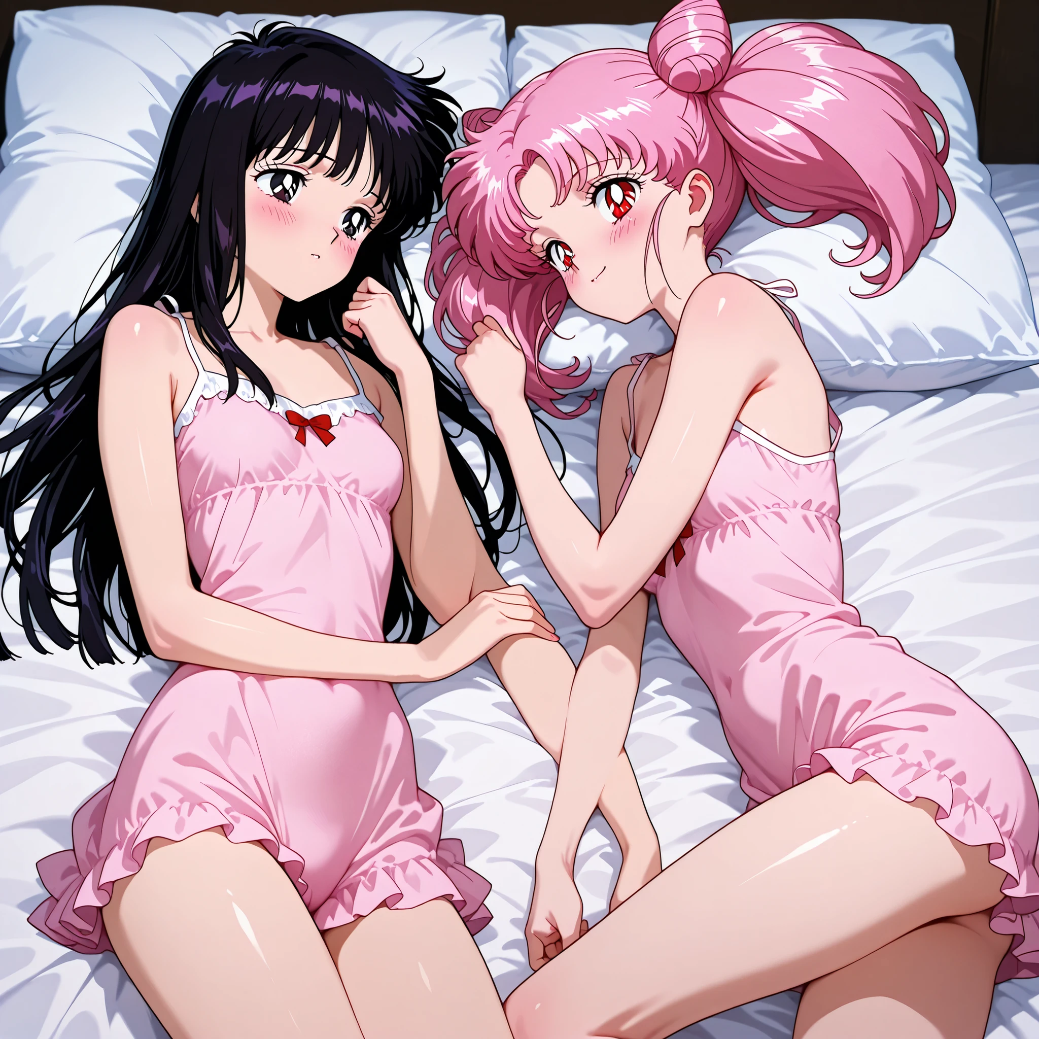 masterpiece, amazing quality, best quality, ultra-detailed, 8K, illustration, clear skin, ultra-detailed-eyes, soft skin, very awa, very as2, soft body, 90's style, official art, hotaru tomoe, short hair, black hair, black eyes, small breasts, bbcusa, long hair, pink hair, cone hair bun, long twintails, red eyes, 2girls, sensitive, lying on bed, wearing pajama, teasing another, blushing