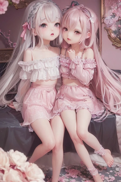 (2girls),,( , High quality , ultra - detailed ),,(masutepiece),,(Sleep together),(Moonlight),(Long blonde hair and double tail),((Pink and blue transparent pajamas)),(Cute 3D anime petite girl rendering),com rosto detalhado,Bare legged,Halo, Perfect face and pretty perfect face,Lantern light,From the angle from below,,dolce_Lolita,Frolicking