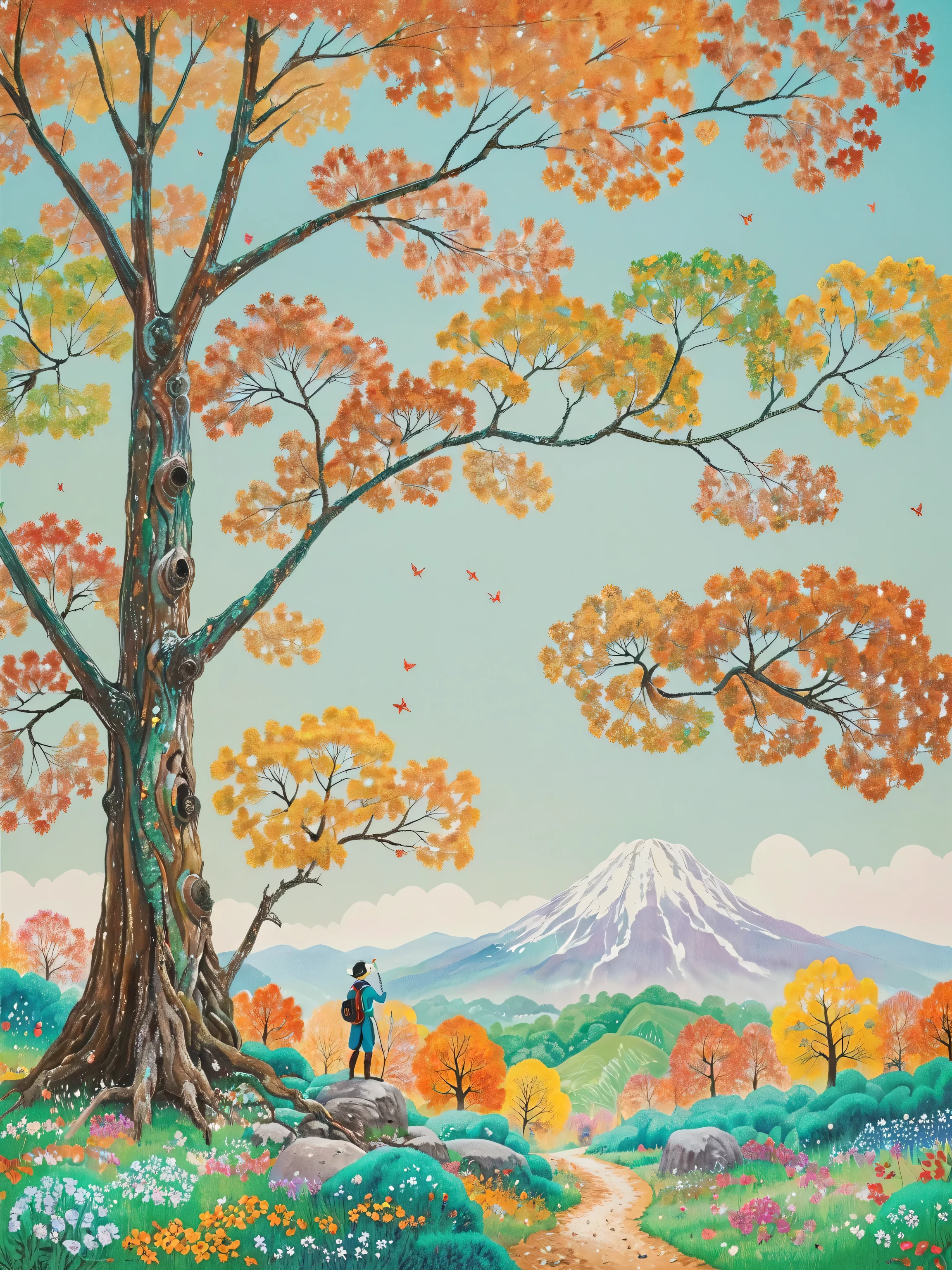treeや草花と大きなプルドーザのカラフルな風景の絵、poster appealing for the prevention of destruction of nature, Machine insects、 vivid gouache painting landscape, Whimsical Forest, 色とりどりのtree々, A rugged puldoza full of rust、Exhale white smoke, Nature Painting, Bright flowers、草原の丘の中のtree々, colorful landscape painting, 詳細なtree, たくさんのtree, Forest Painting, Random forest scenery, tree々have lots of leaves, inspired by Henri Rousseau, inspired by Pasita Abad