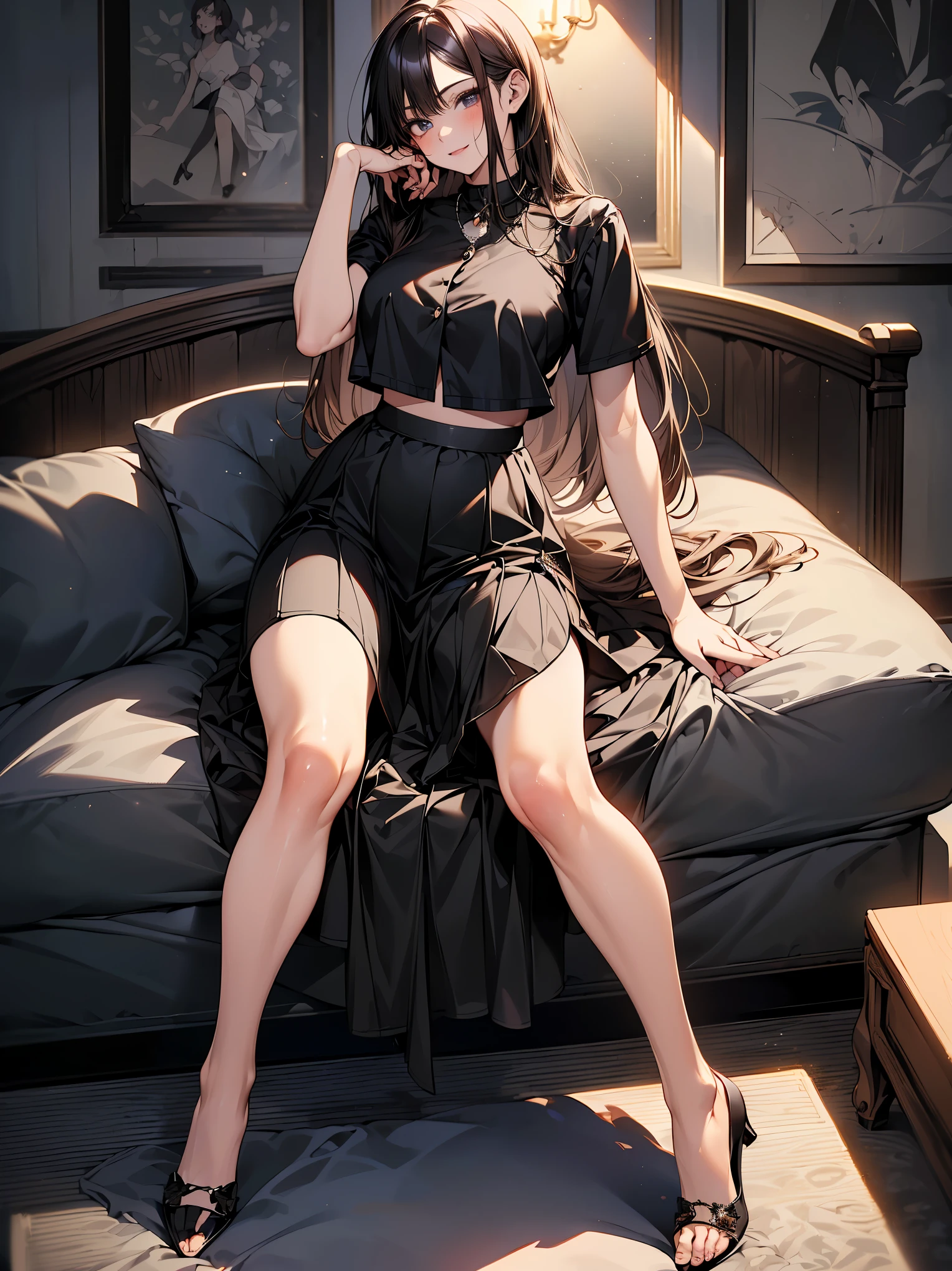 16-year-old brunette girl, dark black shirt that covers her arms, short wine shots, feet resting.