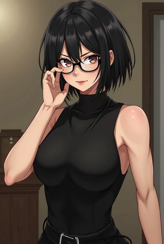 (1girl, solo, alone), (WakatsukiRisa, Sarada Uchiha, black hair, short hair, black eyes, red glasses), ((solo, (1woman, pink lipstick, black eyes), Extremely detailed, ambient soft lighting, 4k, perfect eyes, a perfect face, perfect lighting, a 1girl)), ((anime screencap, blackhair, short hair, black, glasses, sarada, black eyes,skinny, absurdres , 1girl, small breasts, solo, cleavage, open mouth, looking at viewer, smile, leaning forward, from the front, downblouse, blush, collarbone, low-tied, short hair, small breasts, obi, off shoulder, small breasts, :d, bent over cameltoe, visible cameltoe, same color as shorts))